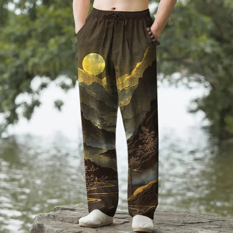 Buddha Stones Pantalon fuselé pour homme en coton, motif Montagne Dorée au Lever du Soleil, avec poches - SaddleBrown - US/UK/AU50，EU60 (5XL) - image 4