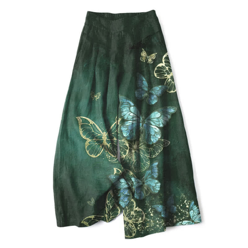 Buddha Stones Pantalon large à taille élastique et poches pour femme, en coton et lin, motif papillon - Vert forêt - US16，UK/AU20，EU48 (3XL) - image 7