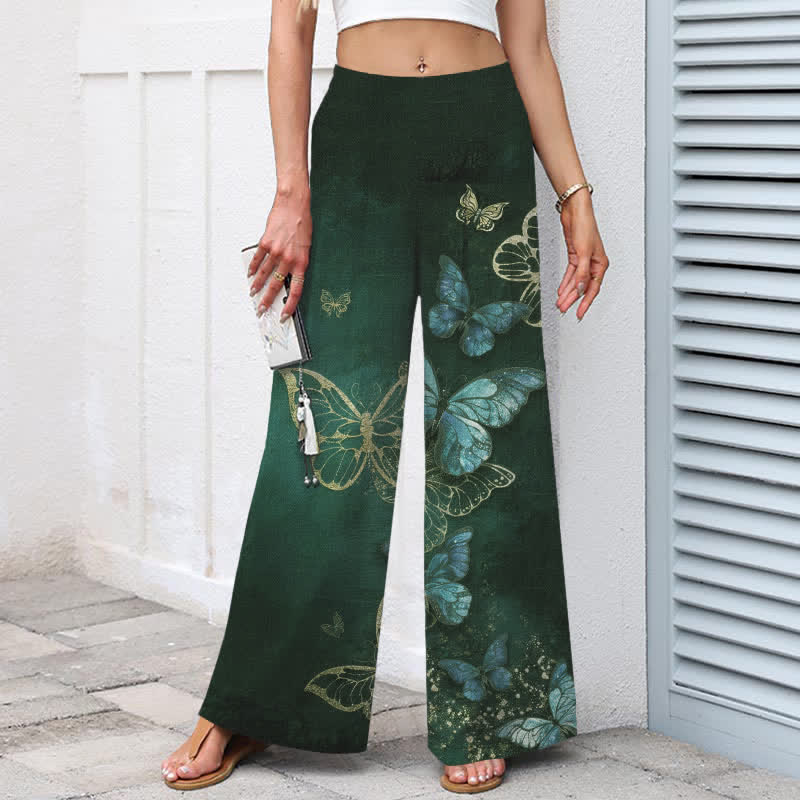 Buddha Stones Pantalon large à taille élastique et poches pour femme, en coton et lin, motif papillon - image 8