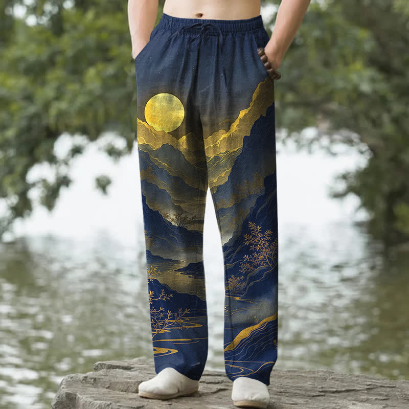 Buddha Stones Pantalon fuselé pour homme en coton, motif Montagne Dorée au Lever du Soleil, avec poches - Marine - US/UK/AU50，EU60 (5XL) - image 6