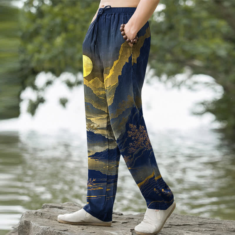 Buddha Stones Pantalon fuselé pour homme en coton, motif Montagne Dorée au Lever du Soleil, avec poches - image 7