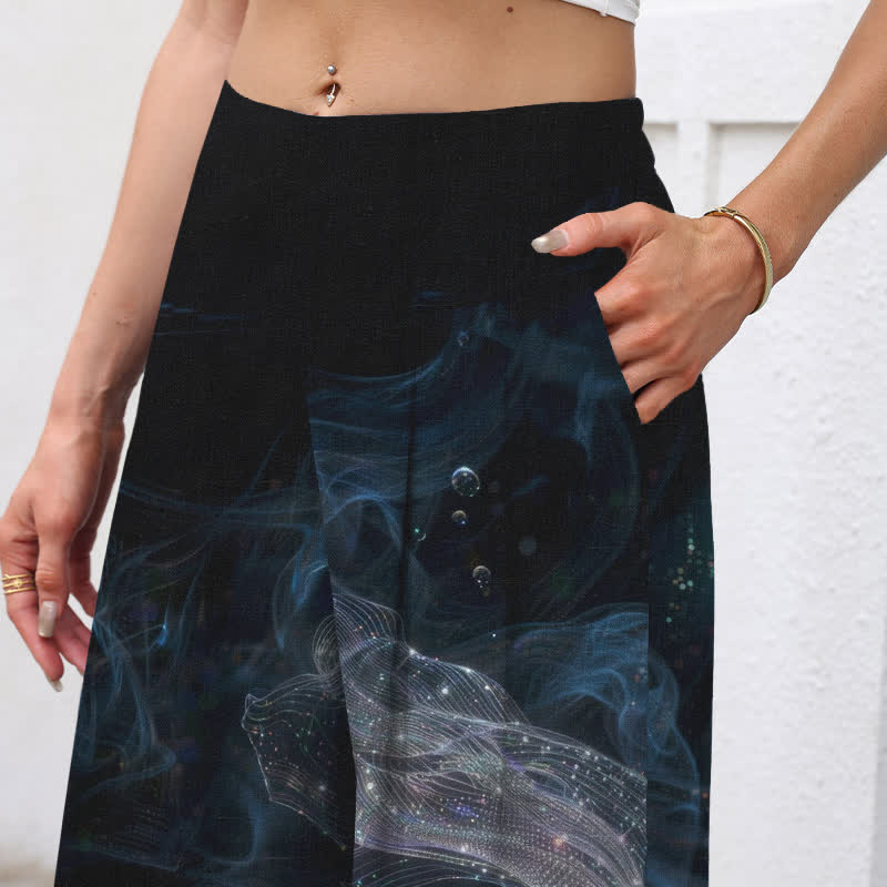 Buddha Stones Pantalon large à taille élastique et poches pour femme, en coton et lin, motif poisson mystique - image 2