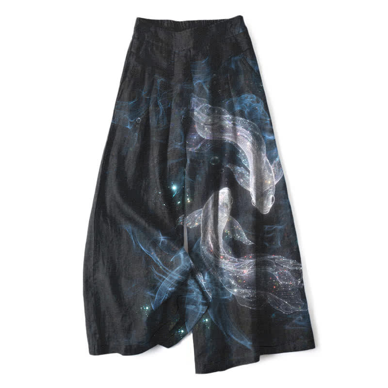 Buddha Stones Pantalon large à taille élastique et poches pour femme, en coton et lin, motif poisson mystique - Noir - US16，UK/AU20，EU48 (3XL) - image 0