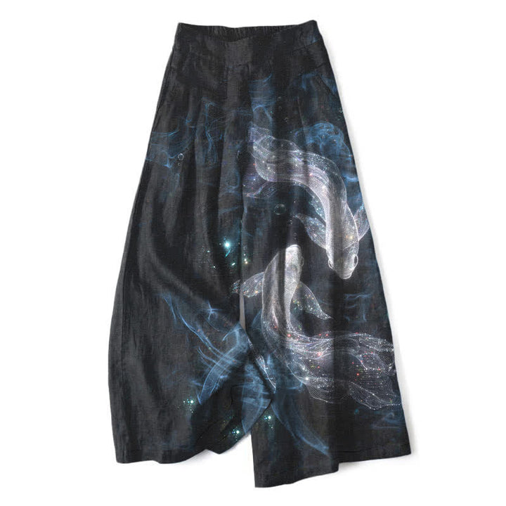 Buddha Stones Pantalon large à taille élastique et poches pour femme, en coton et lin, motif poisson mystique - Noir - US16，UK/AU20，EU48 (3XL) - image 0