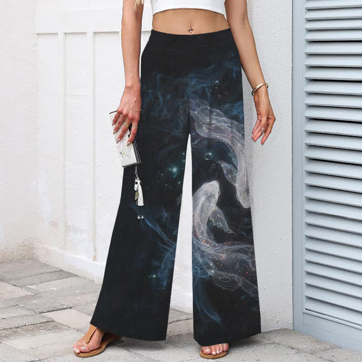 Buddha Stones Pantalon large à taille élastique et poches pour femme, en coton et lin, motif poisson mystique - image 1