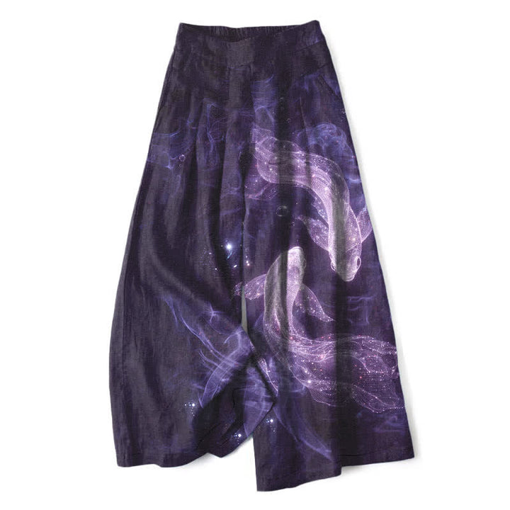 Buddha Stones Pantalon large à taille élastique et poches pour femme, en coton et lin, motif poisson mystique - Indigo - US16，UK/AU20，EU48 (3XL) - image 5