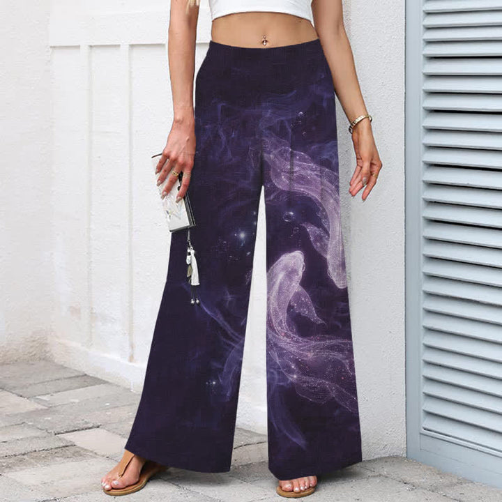 Buddha Stones Pantalon large à taille élastique et poches pour femme, en coton et lin, motif poisson mystique - image 6