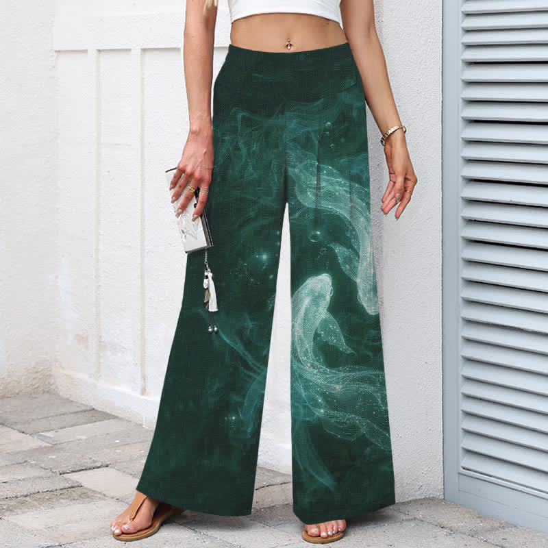 Buddha Stones Pantalon large à taille élastique et poches pour femme, en coton et lin, motif poisson mystique - image 8