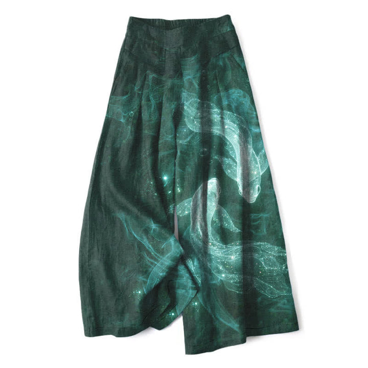 Buddha Stones Pantalon large à taille élastique et poches pour femme, en coton et lin, motif poisson mystique - Sarcelle - US16，UK/AU20，EU48 (3XL) - image 7