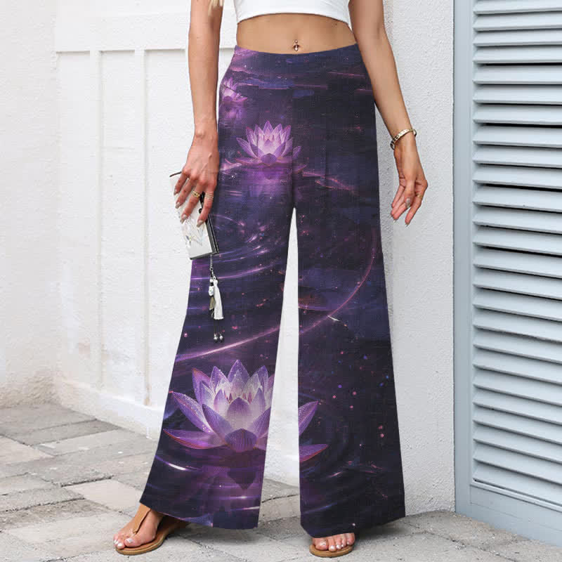Buddha Stones Pantalon large en coton et lin à motif lotus et galaxie pour femme, taille élastique et poches - image 1