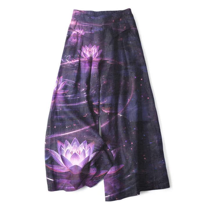 Buddha Stones Pantalon large en coton et lin à motif lotus et galaxie pour femme, taille élastique et poches - Indigo - US16，UK/AU20，EU48 (3XL) - image 0