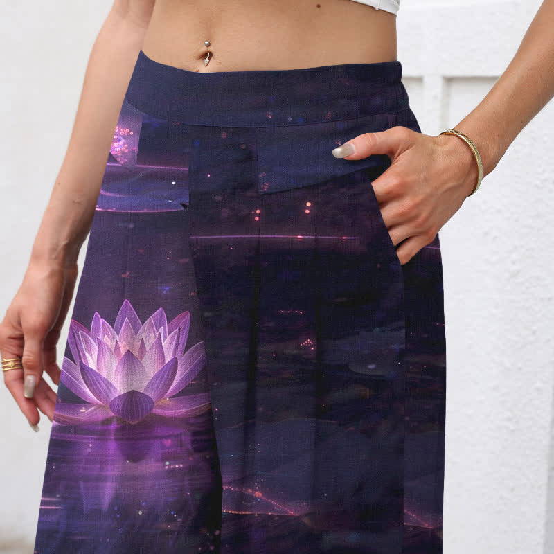Buddha Stones Pantalon large en coton et lin à motif lotus et galaxie pour femme, taille élastique et poches - image 2