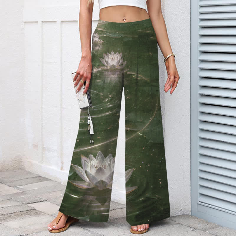 Buddha Stones Pantalon large en coton et lin à motif lotus et galaxie pour femme, taille élastique et poches - image 6