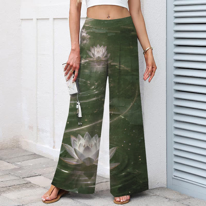 Buddha Stones Pantalon large en coton et lin à motif lotus et galaxie pour femme, taille élastique et poches - image 6