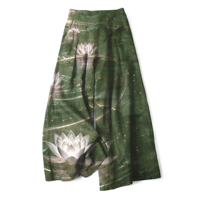 Buddha Stones Pantalon large en coton et lin à motif lotus et galaxie pour femme, taille élastique et poches - Vert olive foncé - US16，UK/AU20，EU48 (3XL) - image 5