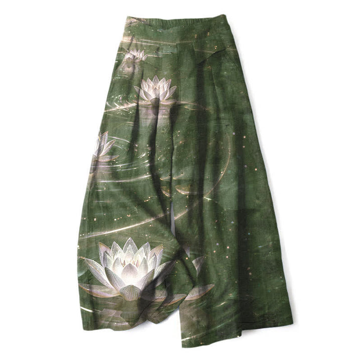 Buddha Stones Pantalon large en coton et lin à motif lotus et galaxie pour femme, taille élastique et poches - Vert olive foncé - US16，UK/AU20，EU48 (3XL) - image 5