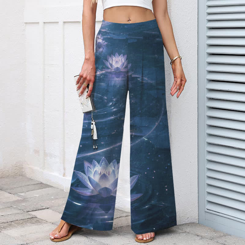 Buddha Stones Pantalon large en coton et lin à motif lotus et galaxie pour femme, taille élastique et poches - image 8