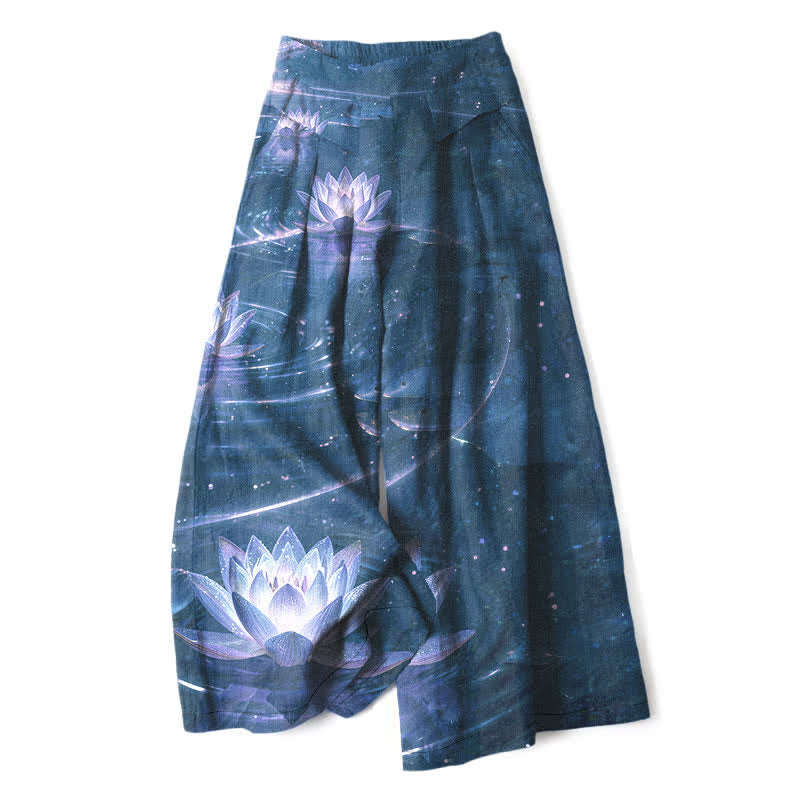 Buddha Stones Pantalon large en coton et lin à motif lotus et galaxie pour femme, taille élastique et poches - Bleu foncé - US16，UK/AU20，EU48 (3XL) - image 7