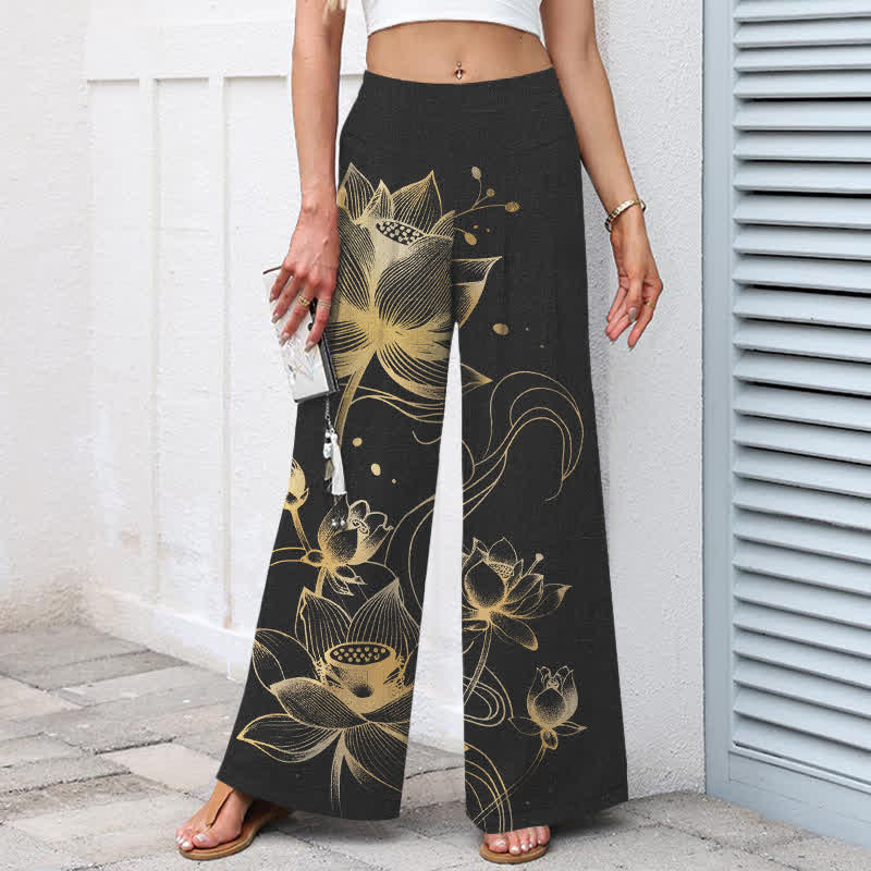 Buddha Stones Pantalon large à taille élastique et poches pour femme, en coton et lin, motif lotus doré - image 1
