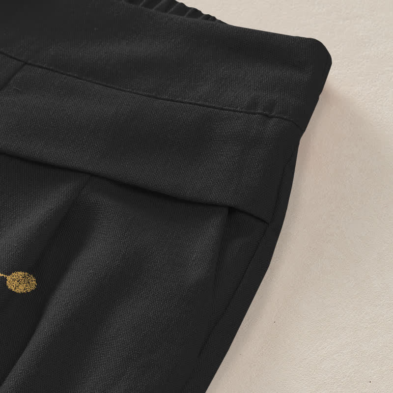 Buddha Stones Pantalon large à taille élastique et poches pour femme, en coton et lin, motif lotus doré - image 3