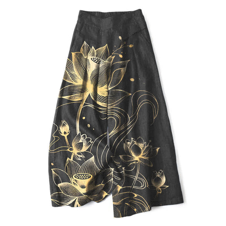 Buddha Stones Pantalon large à taille élastique et poches pour femme, en coton et lin, motif lotus doré - Noir - US16，UK/AU20，EU48 (3XL) - image 0