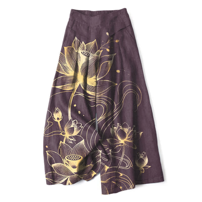 Buddha Stones Pantalon large à taille élastique et poches pour femme, en coton et lin, motif lotus doré - Violet - US16，UK/AU20，EU48 (3XL) - image 5