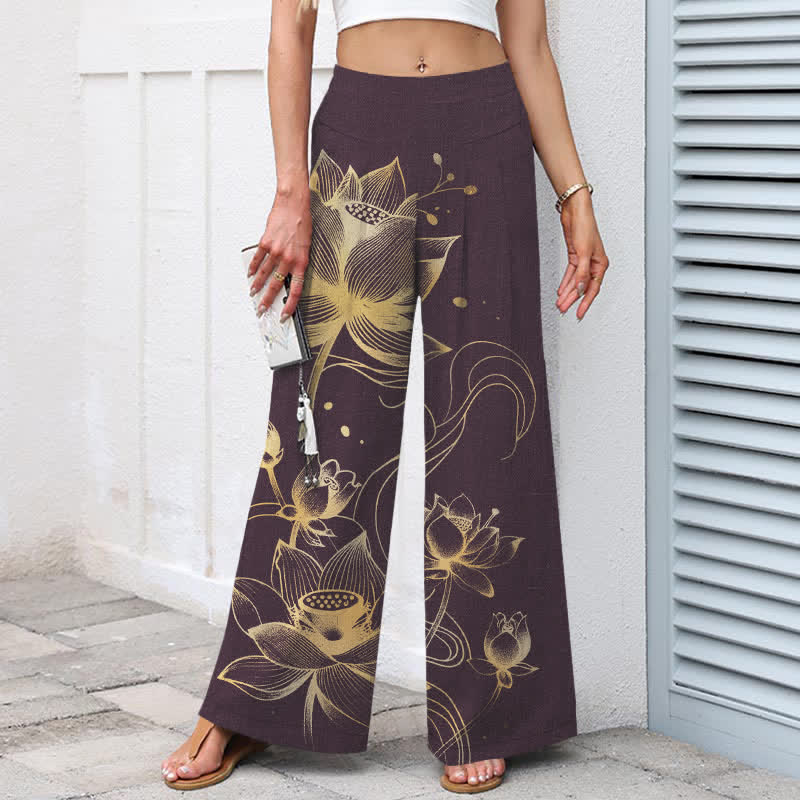 Buddha Stones Pantalon large à taille élastique et poches pour femme, en coton et lin, motif lotus doré - image 6