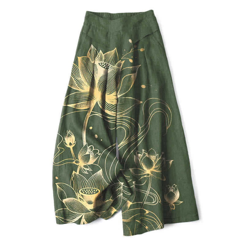 Buddha Stones Pantalon large à taille élastique et poches pour femme, en coton et lin, motif lotus doré - Vert olive foncé - US16，UK/AU20，EU48 (3XL) - image 7