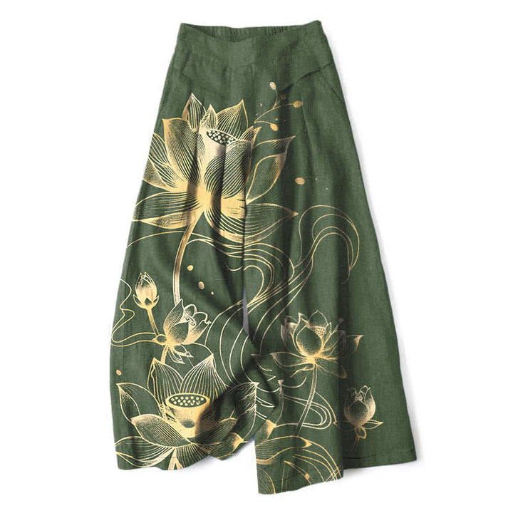 Buddha Stones Pantalon large à taille élastique et poches pour femme, en coton et lin, motif lotus doré - Vert olive foncé - US16，UK/AU20，EU48 (3XL) - image 7