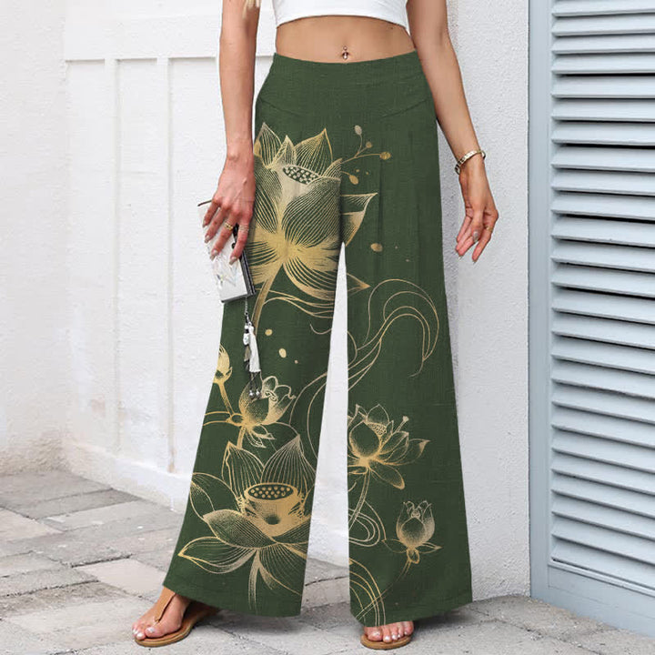 Buddha Stones Pantalon large à taille élastique et poches pour femme, en coton et lin, motif lotus doré - image 8