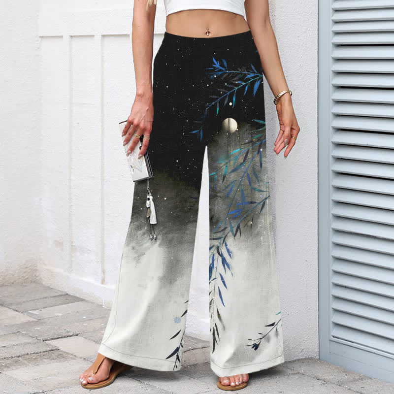Buddha Stones Pantalon large à taille élastique et poches pour femme, en coton et lin, motif bambou au clair de lune - image 1