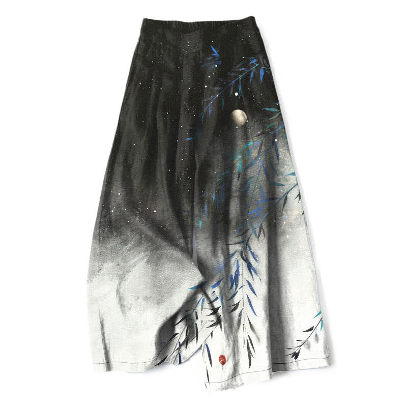 Buddha Stones Pantalon large à taille élastique et poches pour femme, en coton et lin, motif bambou au clair de lune - Noir - US16，UK/AU20，EU48 (3XL) - image 0