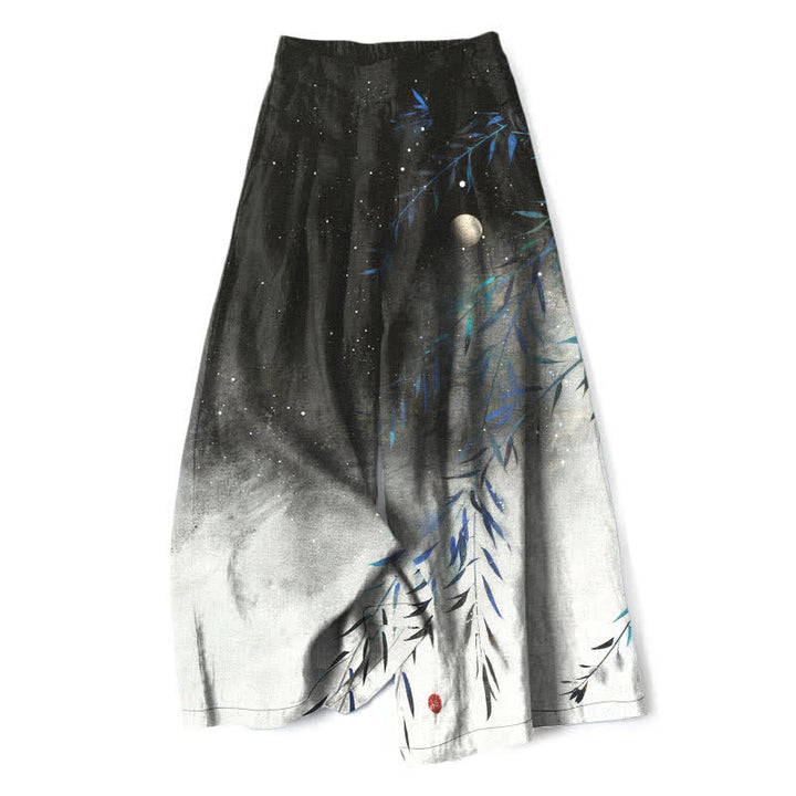 Buddha Stones Pantalon large à taille élastique et poches pour femme, en coton et lin, motif bambou au clair de lune - Noir - US16，UK/AU20，EU48 (3XL) - image 0