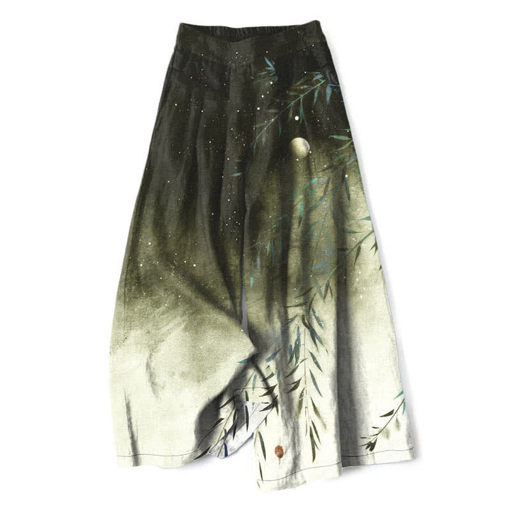 Buddha Stones Pantalon large à taille élastique et poches pour femme, en coton et lin, motif bambou au clair de lune - Vert olive foncé - US16，UK/AU20，EU48 (3XL) - image 5