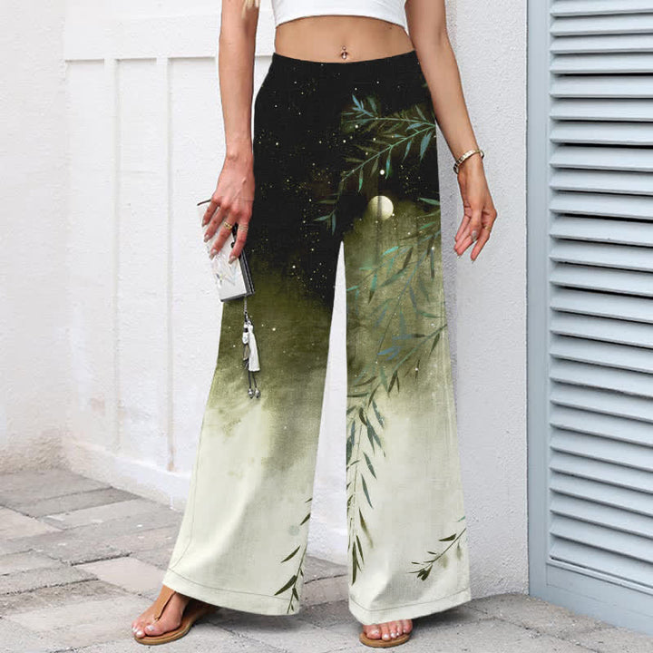 Buddha Stones Pantalon large à taille élastique et poches pour femme, en coton et lin, motif bambou au clair de lune - image 6