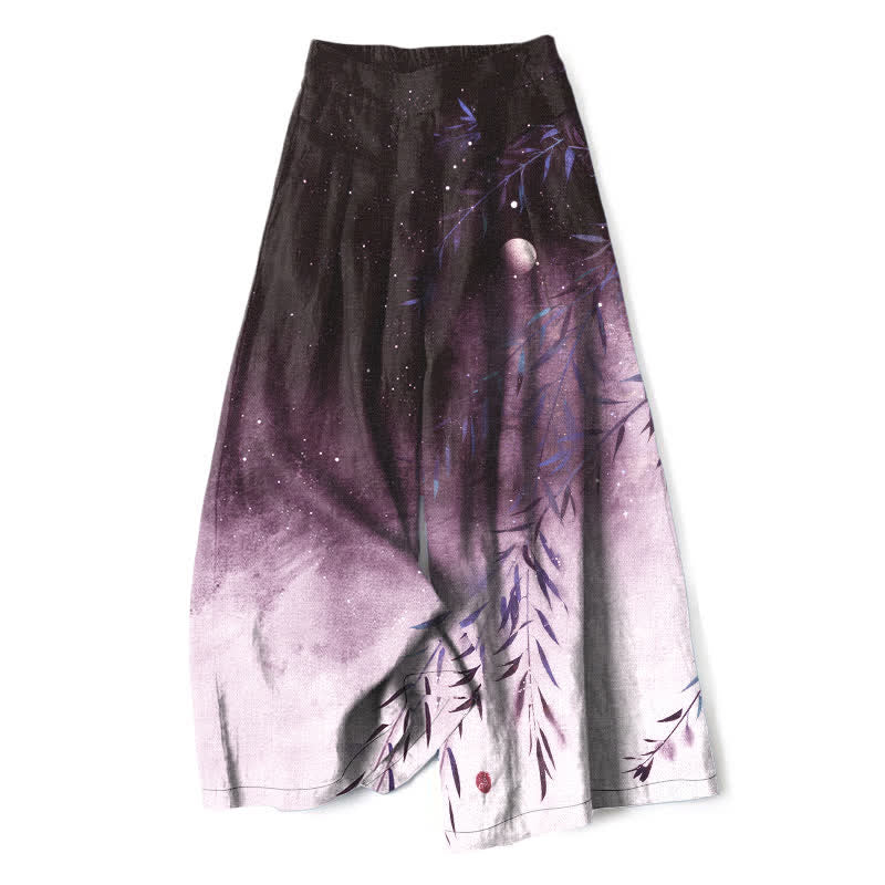 Buddha Stones Pantalon large à taille élastique et poches pour femme, en coton et lin, motif bambou au clair de lune - Violette sombre - US16，UK/AU20，EU48 (3XL) - image 7