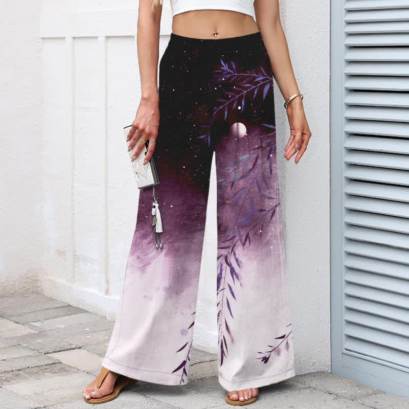 Buddha Stones Pantalon large à taille élastique et poches pour femme, en coton et lin, motif bambou au clair de lune - image 8