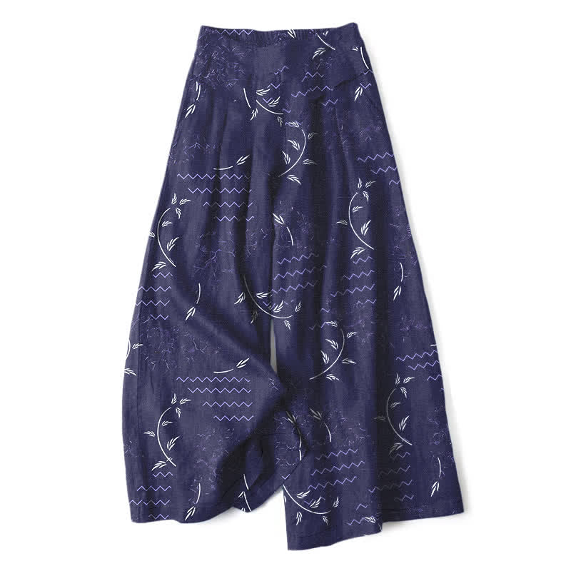 Buddha Stones Pantalon large à taille élastique et poches pour femme, en coton et lin, motif botanique ondulé - Marine - US16，UK/AU20，EU48 (3XL) - image 0