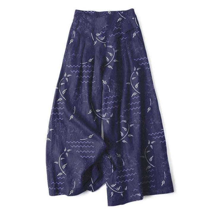 Buddha Stones Pantalon large à taille élastique et poches pour femme, en coton et lin, motif botanique ondulé - Marine - US16，UK/AU20，EU48 (3XL) - image 0