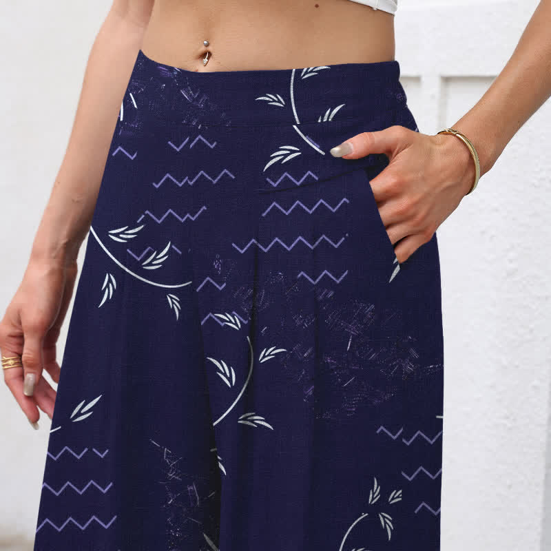 Buddha Stones Pantalon large à taille élastique et poches pour femme, en coton et lin, motif botanique ondulé - image 2
