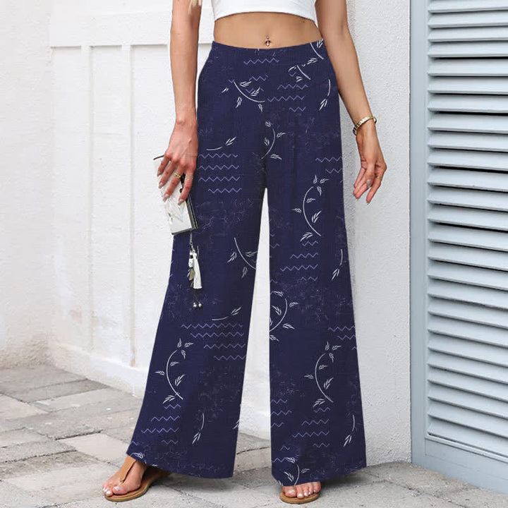 Buddha Stones Pantalon large à taille élastique et poches pour femme, en coton et lin, motif botanique ondulé - image 1