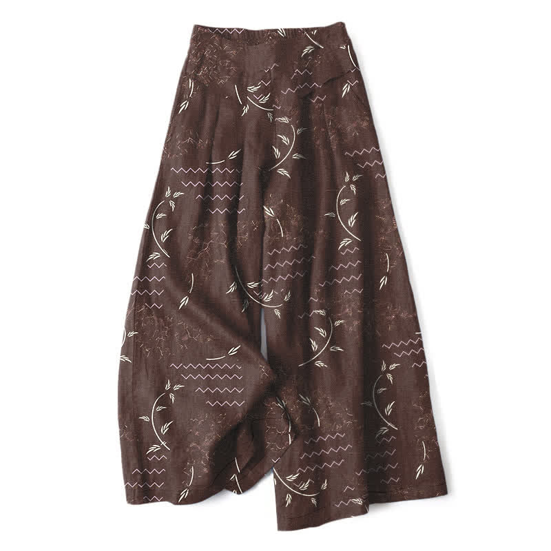 Buddha Stones Pantalon large à taille élastique et poches pour femme, en coton et lin, motif botanique ondulé - SaddleBrown - US16，UK/AU20，EU48 (3XL) - image 5