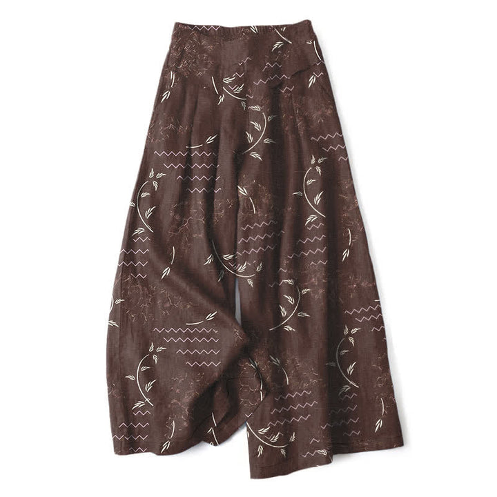 Buddha Stones Pantalon large à taille élastique et poches pour femme, en coton et lin, motif botanique ondulé - SaddleBrown - US16，UK/AU20，EU48 (3XL) - image 5