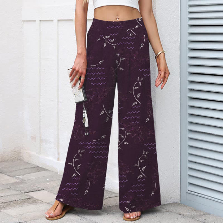 Buddha Stones Pantalon large à taille élastique et poches pour femme, en coton et lin, motif botanique ondulé - image 8