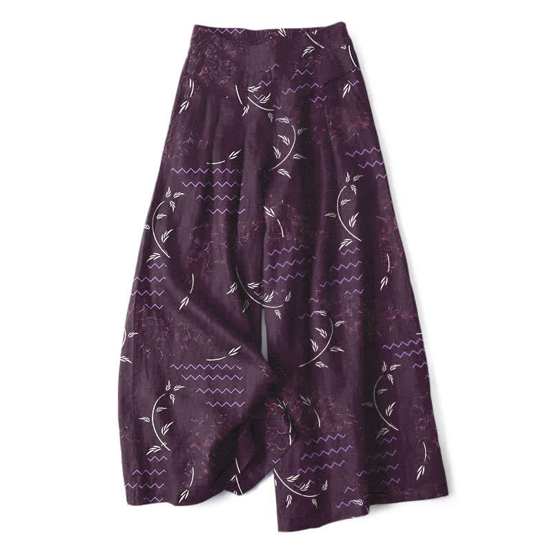 Buddha Stones Pantalon large à taille élastique et poches pour femme, en coton et lin, motif botanique ondulé - Violet - US16，UK/AU20，EU48 (3XL) - image 7