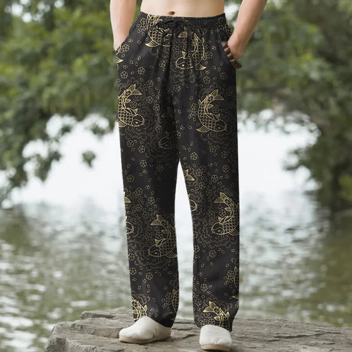 Buddha Stones Pantalon fuselé pour homme en coton à motif floral de carpes koï dorées et poches - Noir - US/UK/AU50，EU60 (5XL) - image 0