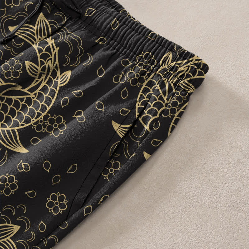 Buddha Stones Pantalon fuselé pour homme en coton à motif floral de carpes koï dorées et poches - image 2