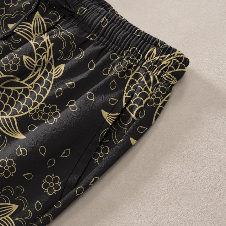 Buddha Stones Pantalon fuselé pour homme en coton à motif floral de carpes koï dorées et poches - image 2