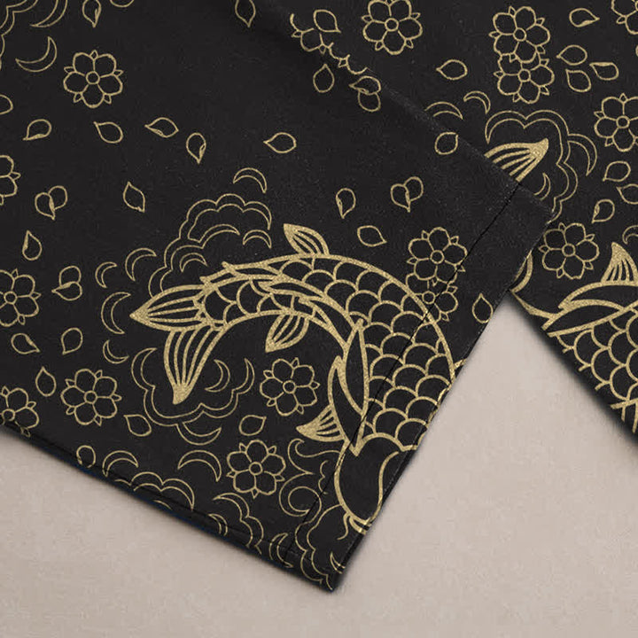 Buddha Stones Pantalon fuselé pour homme en coton à motif floral de carpes koï dorées et poches - image 3