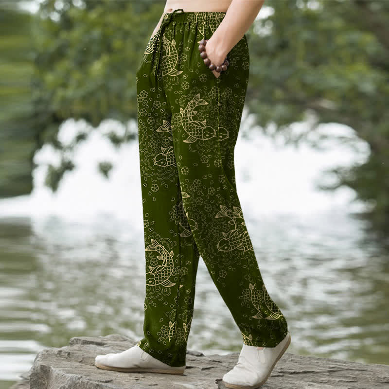 Buddha Stones Pantalon fuselé pour homme en coton à motif floral de carpes koï dorées et poches - image 5